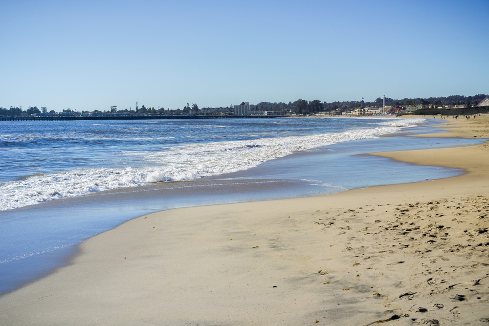 Seabright State beach on a sunny afternoon, Santa Cruz beach Boardwalk and wharf in the background, Santa Cruz, California