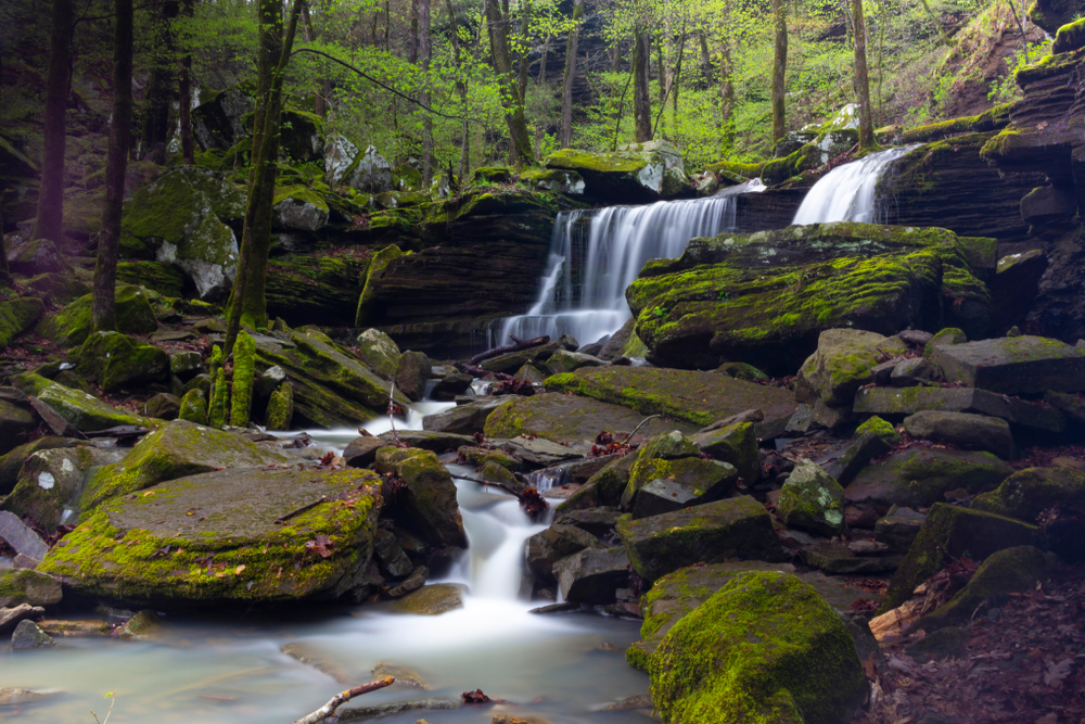 A flowing waterfall, shot on a long exposure, in Arkansas with nature covered in moss.
