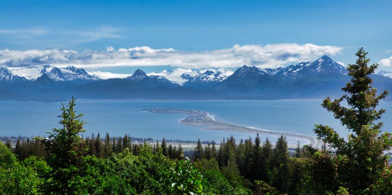 Alaska mountains, glacier, forest, view of Homer spit