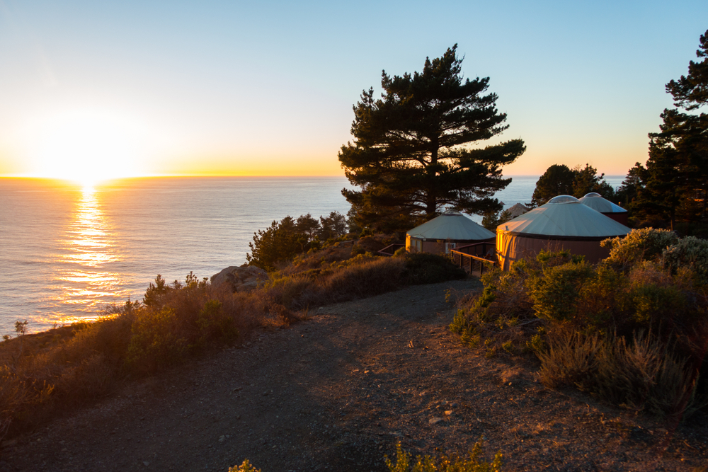A cluster of yurts surrounded by trees on a hill above an ocean shore.