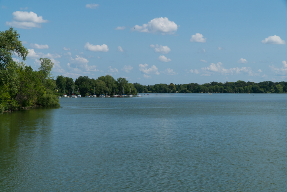 Wide shot of beautiful lake nokomis in the summer time.