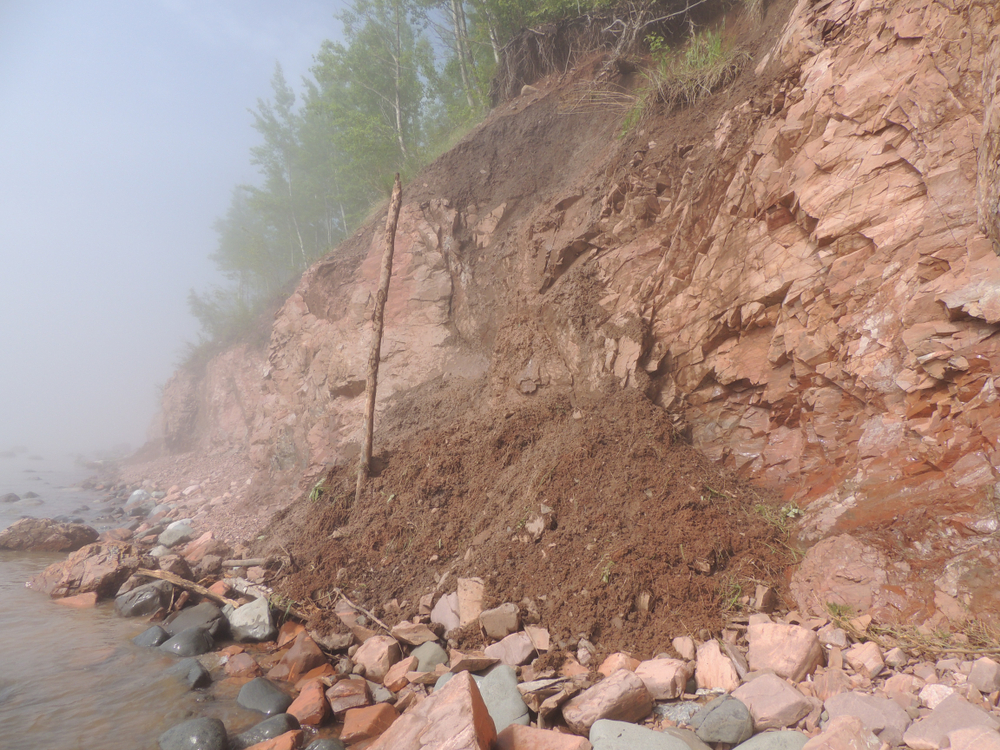 Cliff erosion on the shore of Lake Superior at Iona's Beach near Two Harbors, Minnesota, after a rainfall
