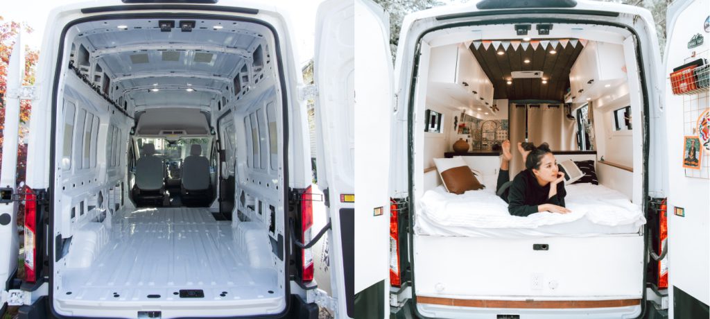 before and after image of a converted campervan