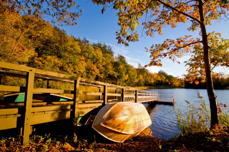 A row boat leans against a wooden pier in a lake surrounded by autumn trees under a bright blue sky