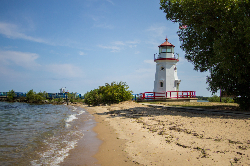 Cheboygan Michigan Lighthouse. Lighthouse on the Lake Huron coast on the downtown waterfront beach of Cheboygan, Michigan.