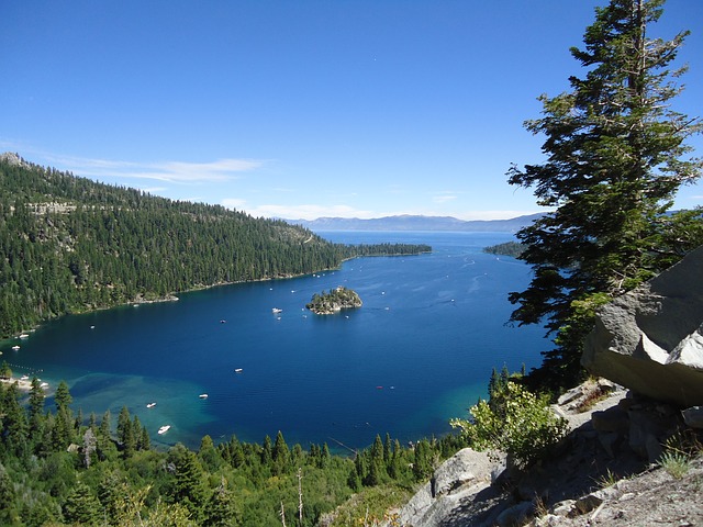 Emerald Bay at Lake Tahoe with many boats dotting the water