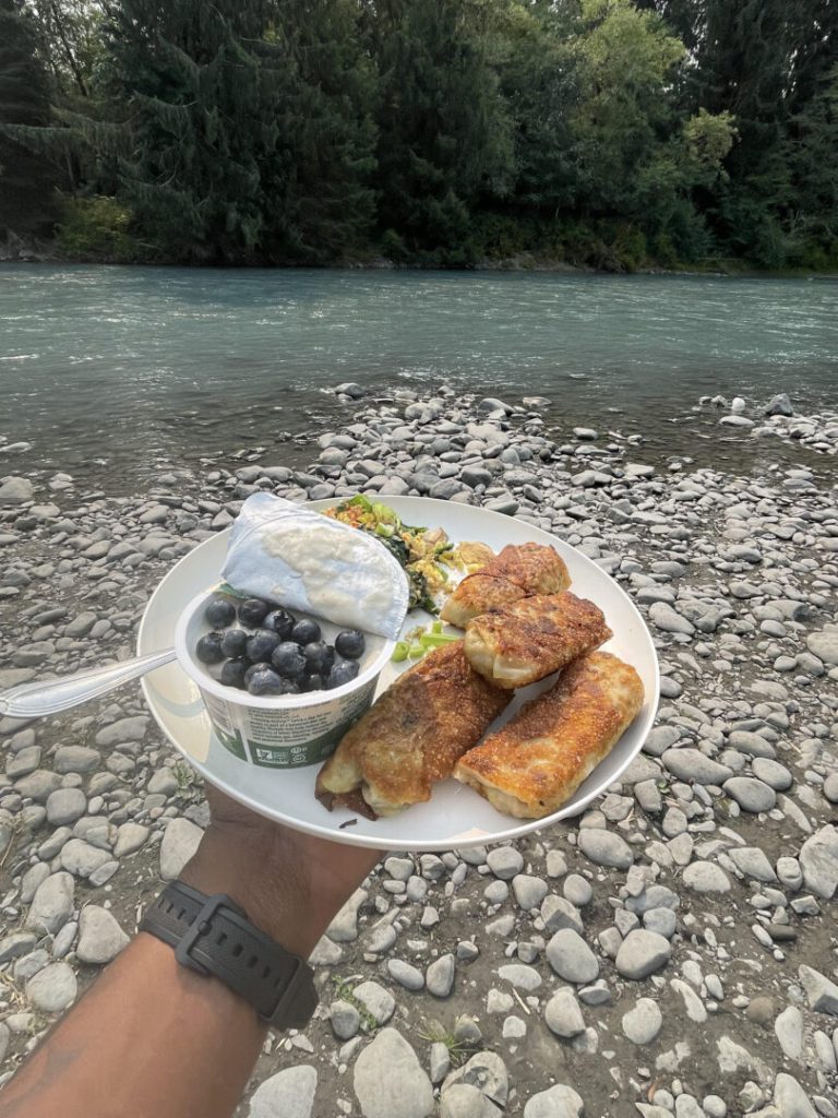 Nutritious breakfast by a riverbed