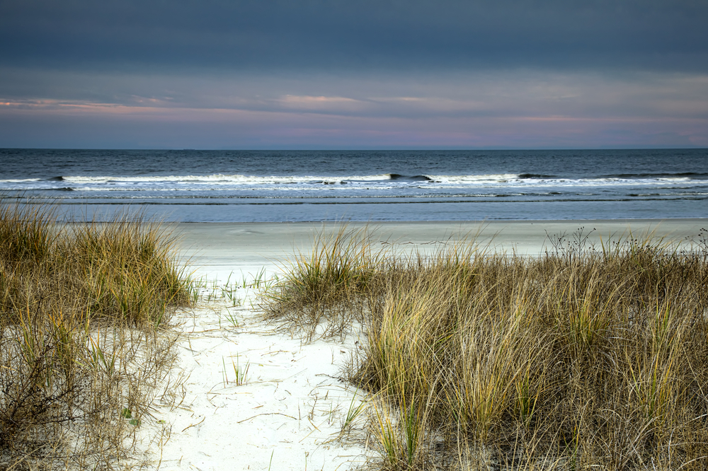 A sandy pathway through the dunes leads to the oceanside under a purple sky