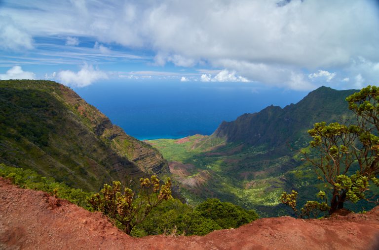Mountains covered in greenery. Red soil and trees line the cliff's edge in the foreground and the blue ocean under puffy white clouds can be seen in the distance.