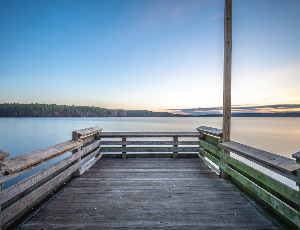 Wooden board observation deck in Jordan Lake,North Carolina,United State