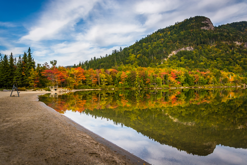 Early fall colors and reflections at Echo Lake, in Franconia Notch State Park, New Hampshire.
