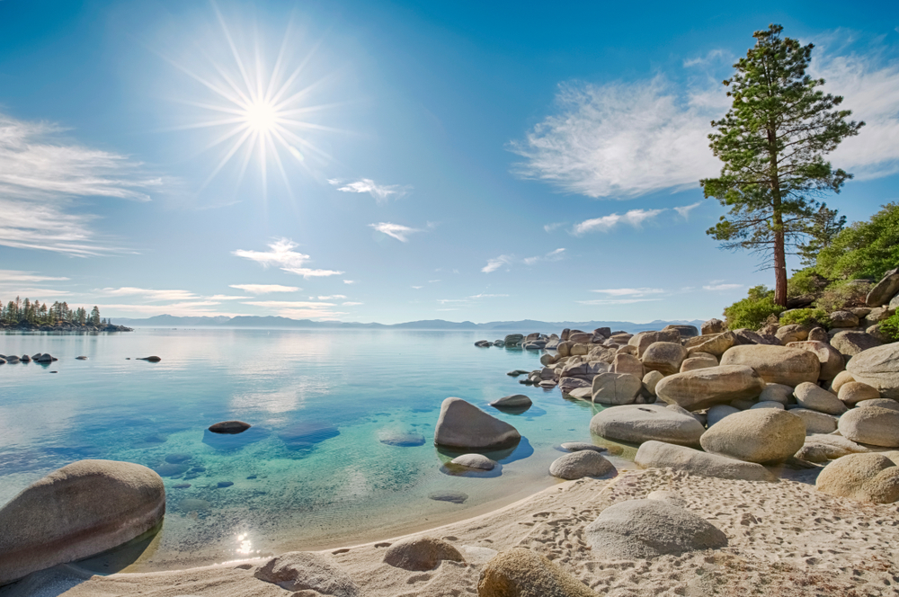 Lake Tahoe east shore beach, calm turquoise water in sunny day