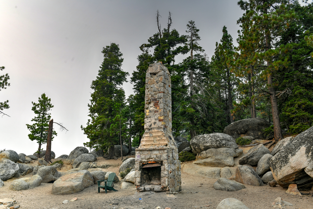 Secret Cove along Lake Tahoe in Nevada with a hazy sky due to nearby forest fires in California.