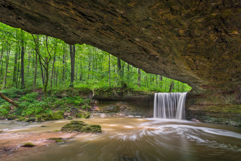 Jennings County, Indiana's Rock Rest Falls flows over a cliff and into a natural woodland amphitheater created by a large expanse of overhanging rock.