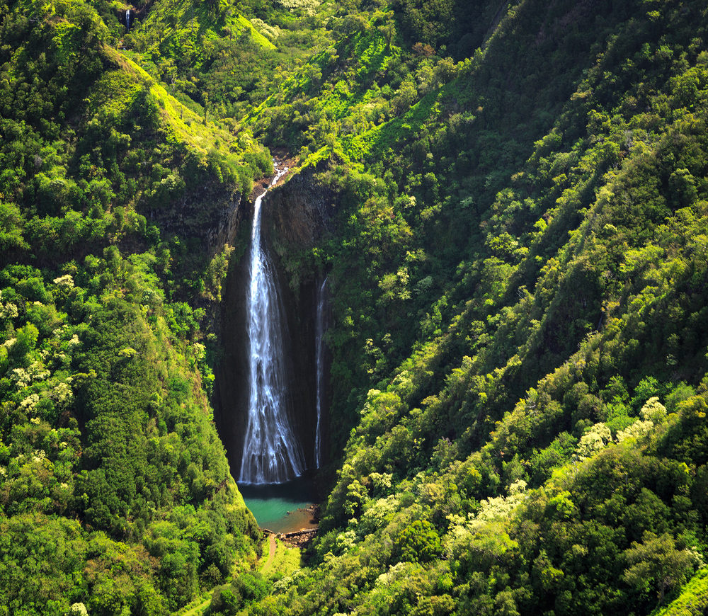 Famous waterfall on Kauai island taken from the air