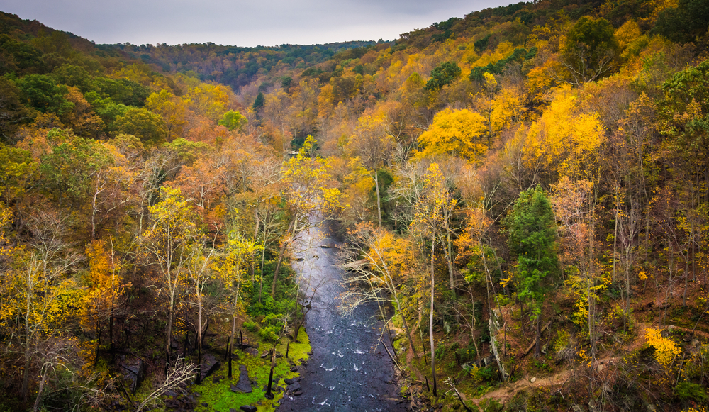 Autumn view of the Gunpowder River from Prettyboy Dam, in Baltimore County, Maryland.
