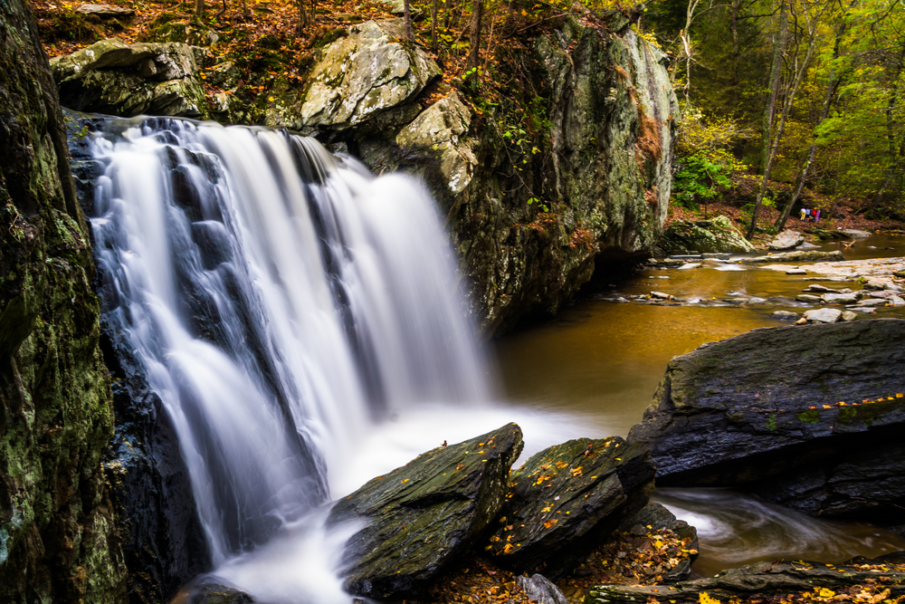 Early autumn color at Kilgore Falls, at Rocks State Park, Maryland.