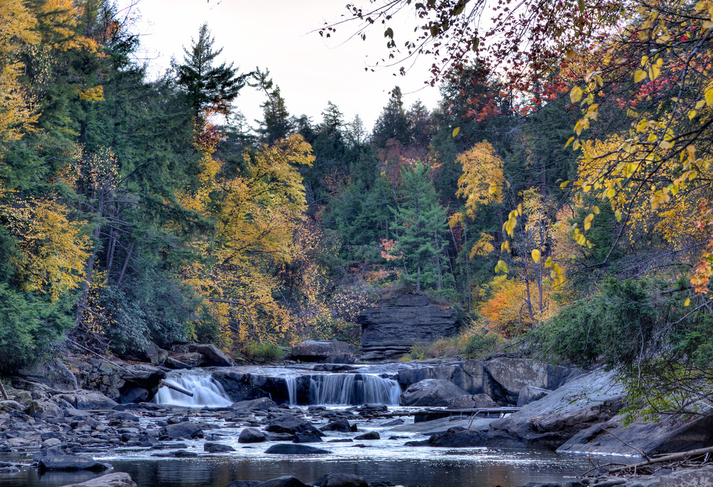 Swallow Falls at Swallow Falls State Park during Fall evening. Near Deep Creek Lake region, Maryland.