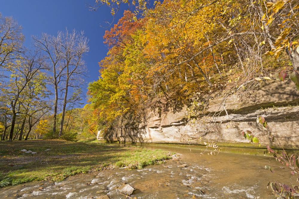 Fall Colors and Limestone Cliff on Peas Creek in Ledges State Park in Iowa