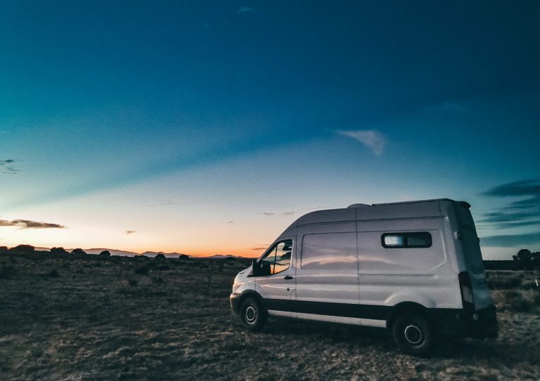 parked camper van at twilight
