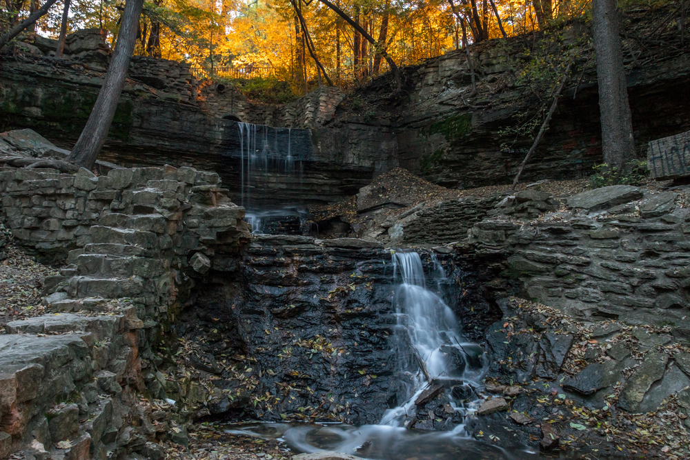 A Wide Angle Long Exposure Shot of A Trickle of Water at Hidden Falls in St. Paul, Minnesota during a Fall Evening