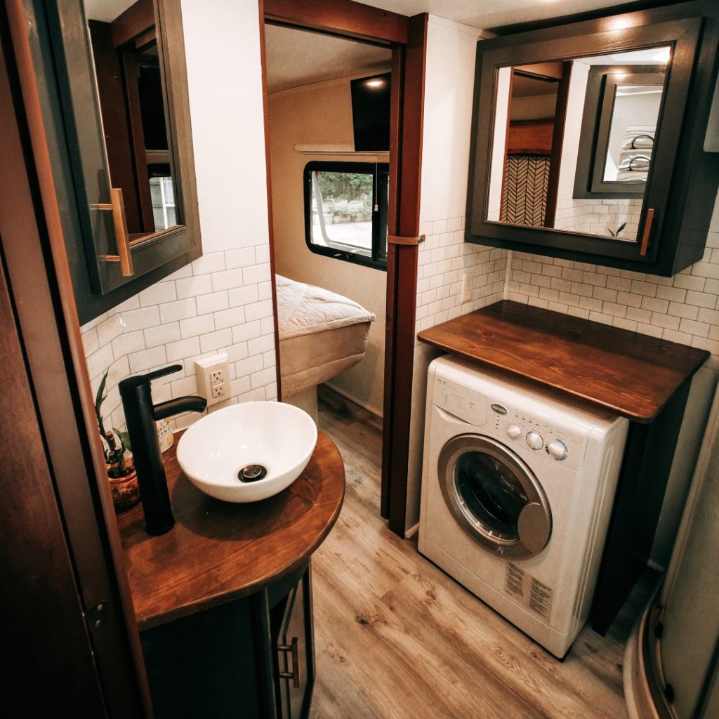 Bathroom/laundry combination inside a fifth-wheel RV