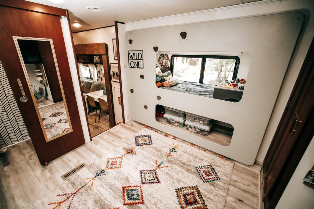 Interior bunk room of a fifth wheel trailer