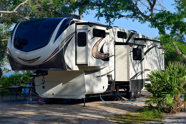 fifth wheel trailer parked under trees at a campsite