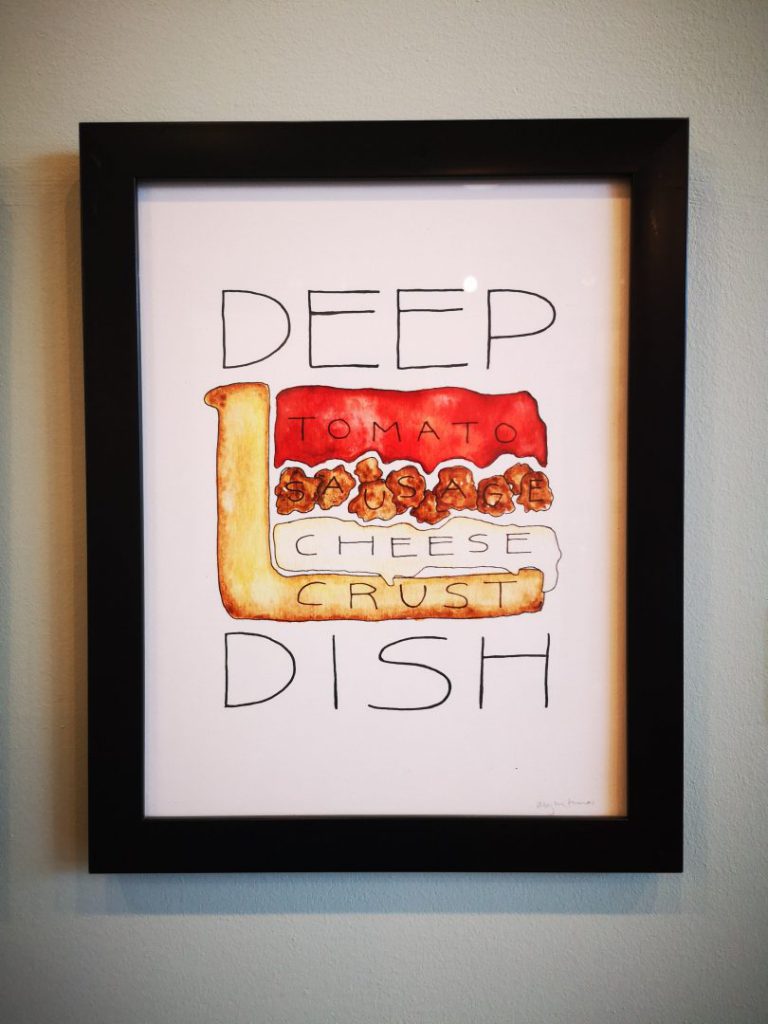 Artistic drawing of the anatomy of a Chicago deep dish pizza