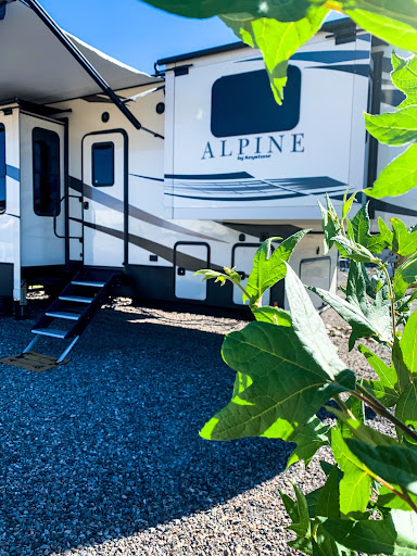 Fifth wheel trailer parked near foliage on a sunny day with slide-outs extended