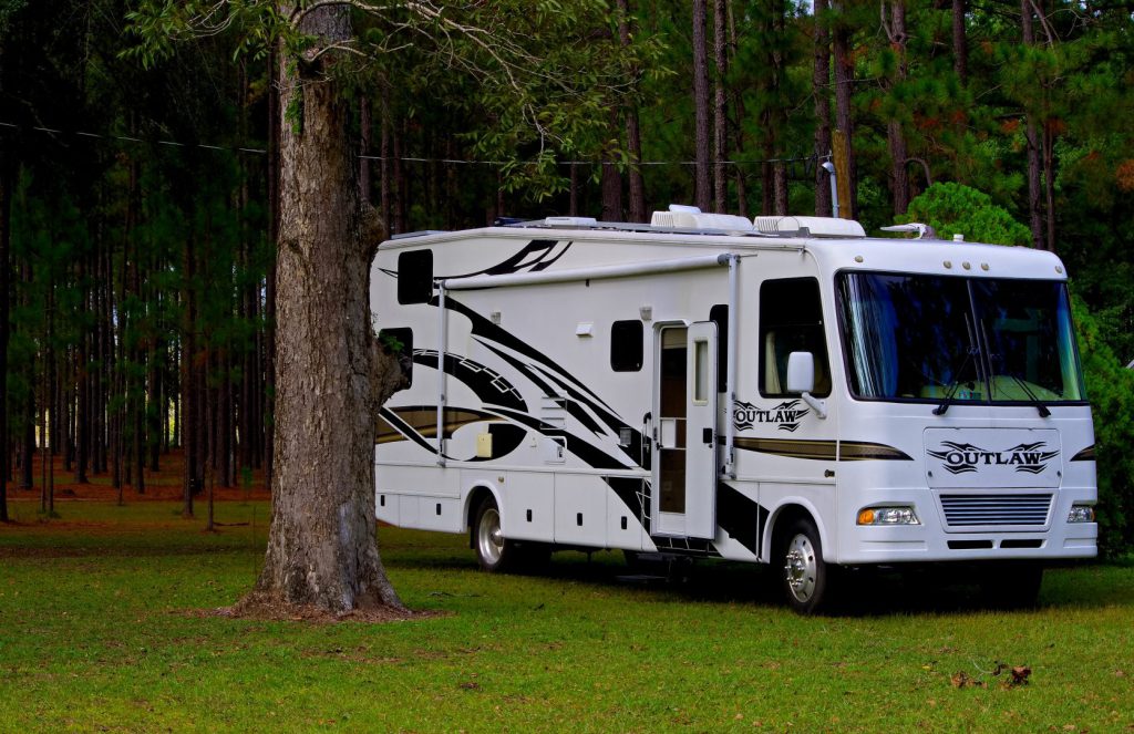Class A motorhome in the woods