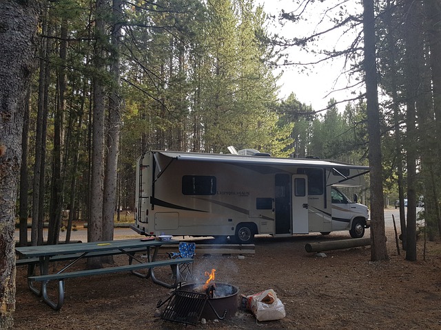 a camper set up in a forested site with a campfire burning