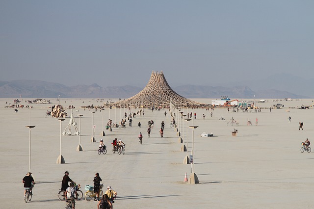cyclists and people at Burning Man Festival