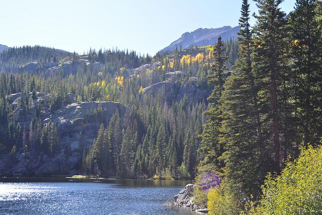 A lake and mountain scenery at Estes Park, CO