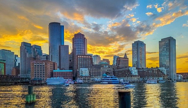 skyline of Boston at sunset, viewed from the water
