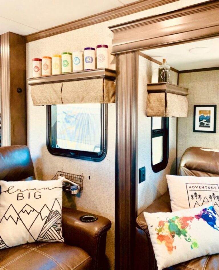 colorful interior of a fifth wheel rv