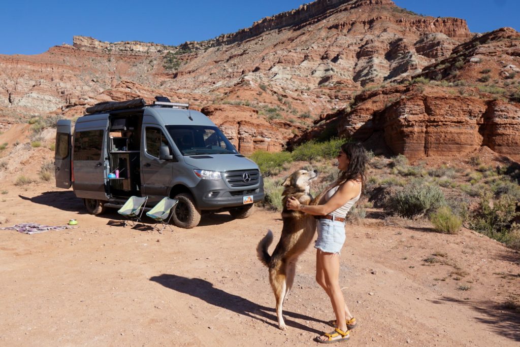woman and dog dance in front of a campervan