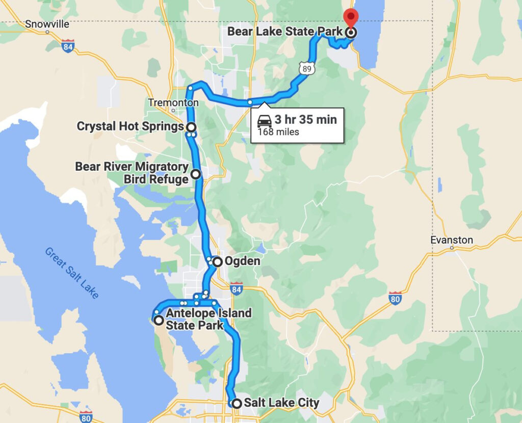 map with route from bear lake state park to salt lake city