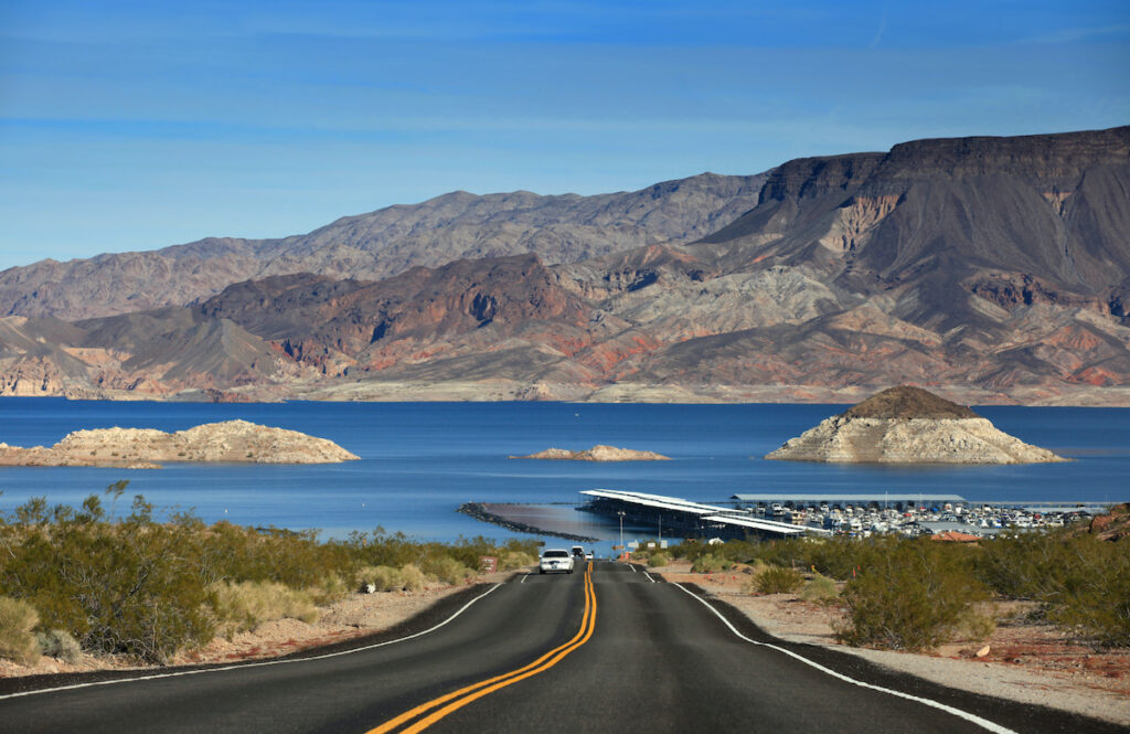 lake mead, road leading to ocean and mountains