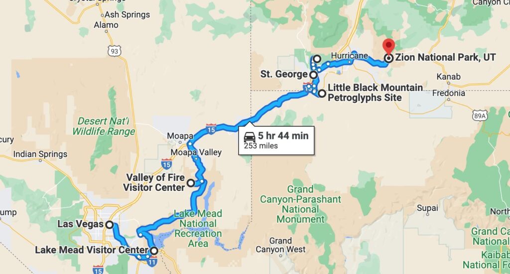 map from las vegas to zion national park