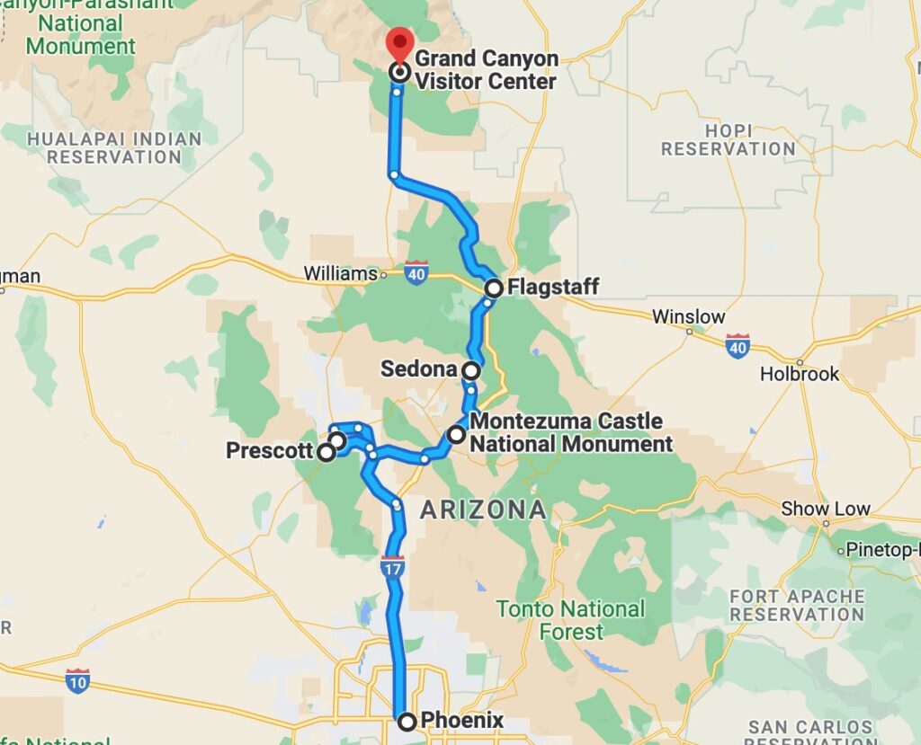 map from phoenix to the grand canyon