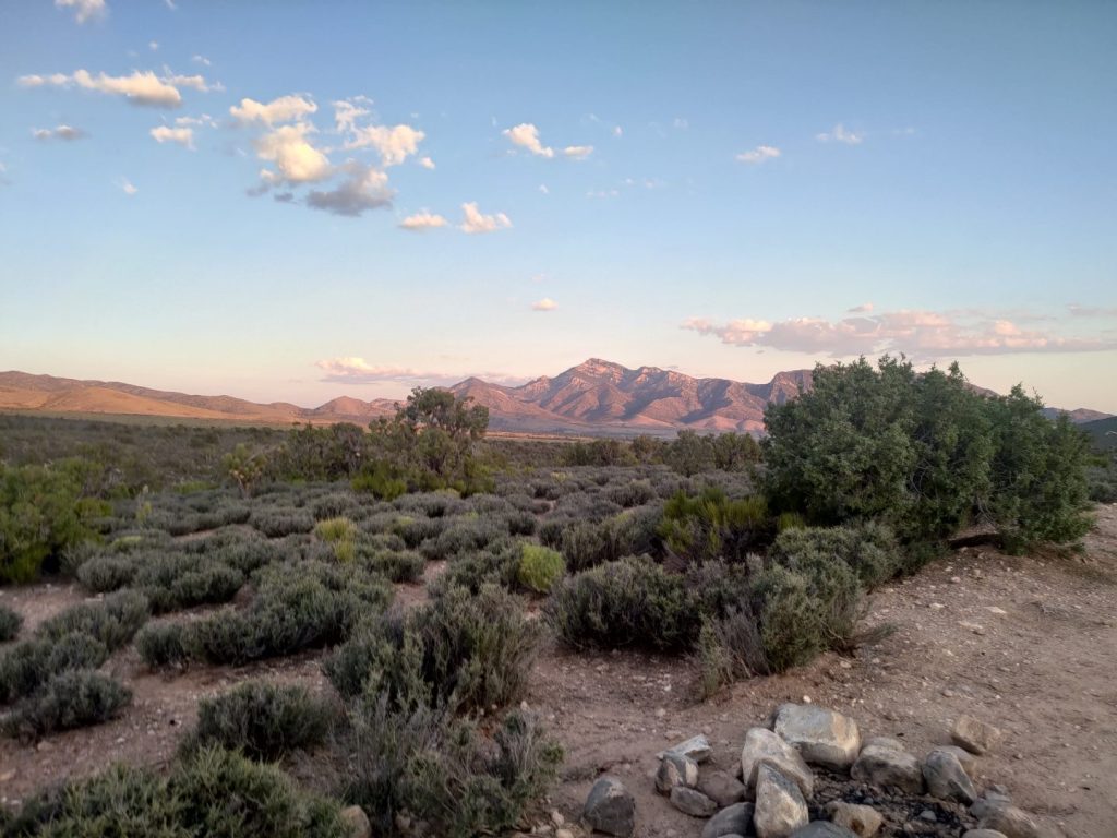 desert landscape at dusk with mountains in the background