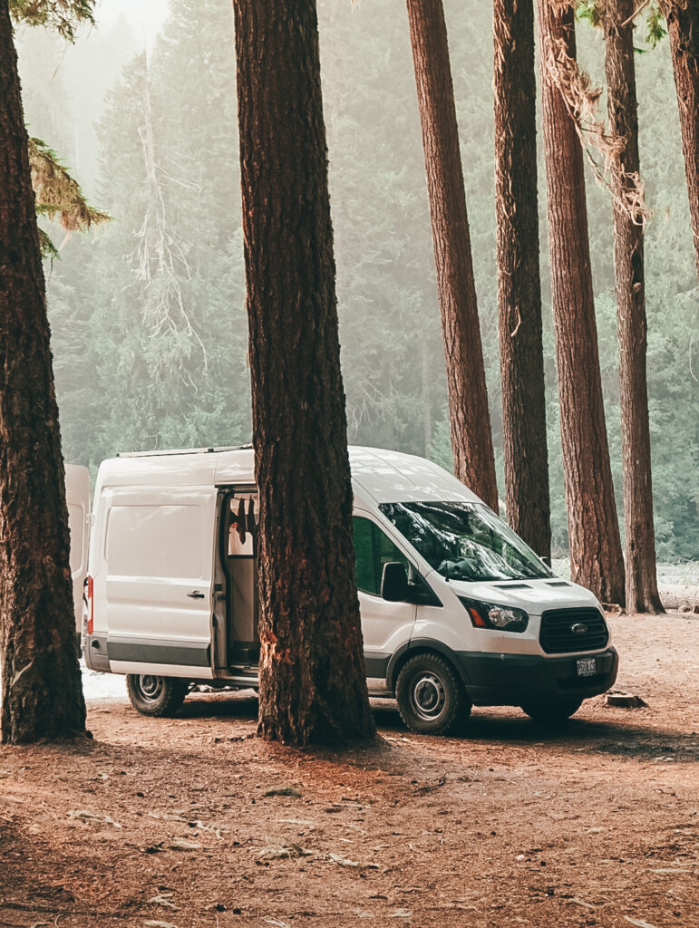 Camper van parked in the woods