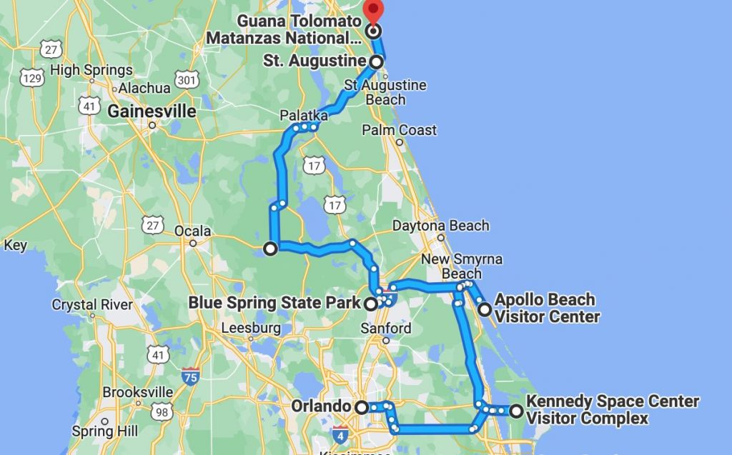 Google map image showing route from Orlando to St Augustine