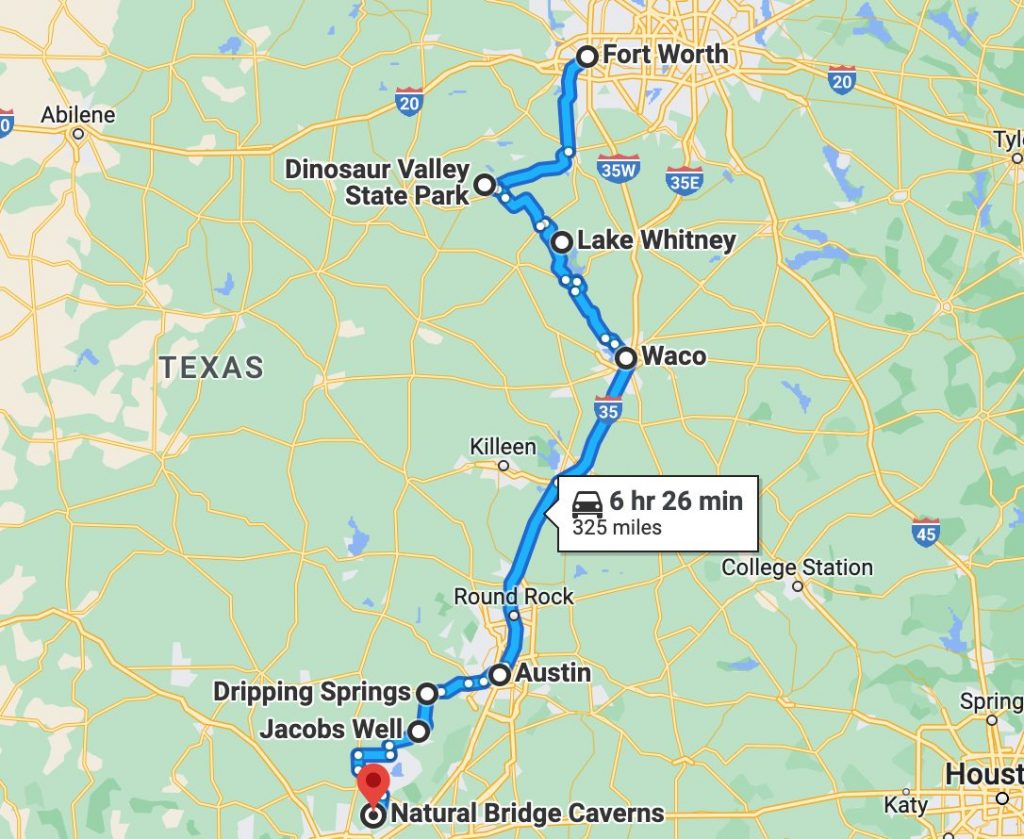 Google map image showing route from Fort Worth to Natural Bridge Caverns