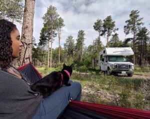 Woman relaxes on hammock with a cat on her lap, class c rv parked in the distance