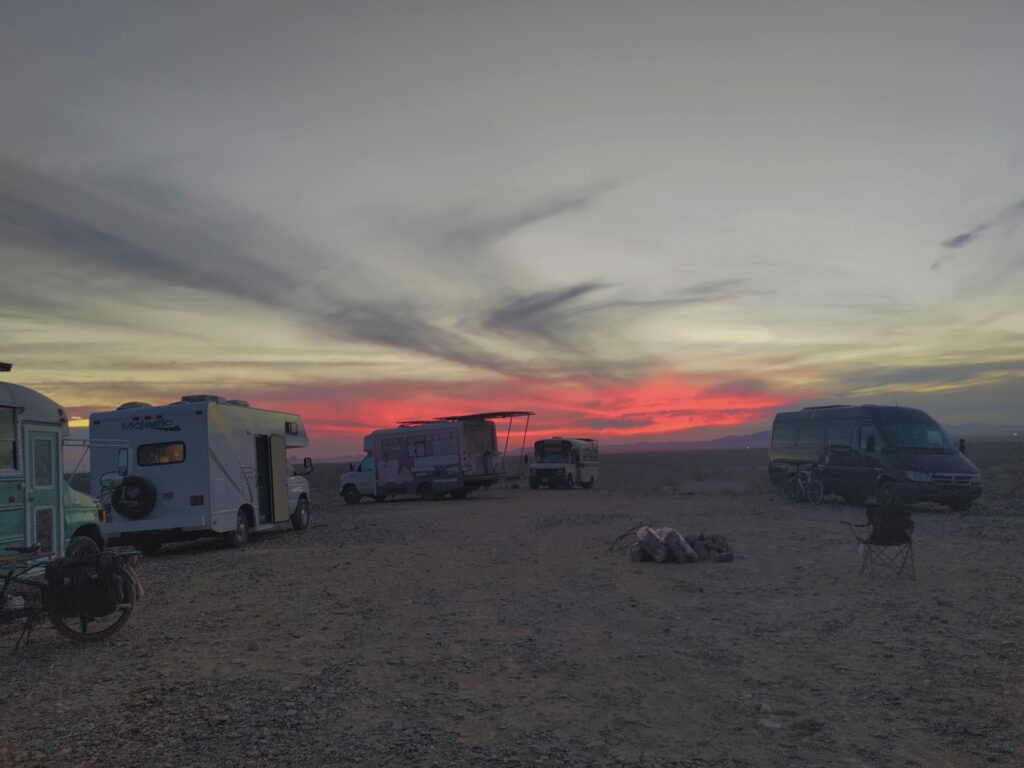 Sunset over a group of boondockers in quartzsite