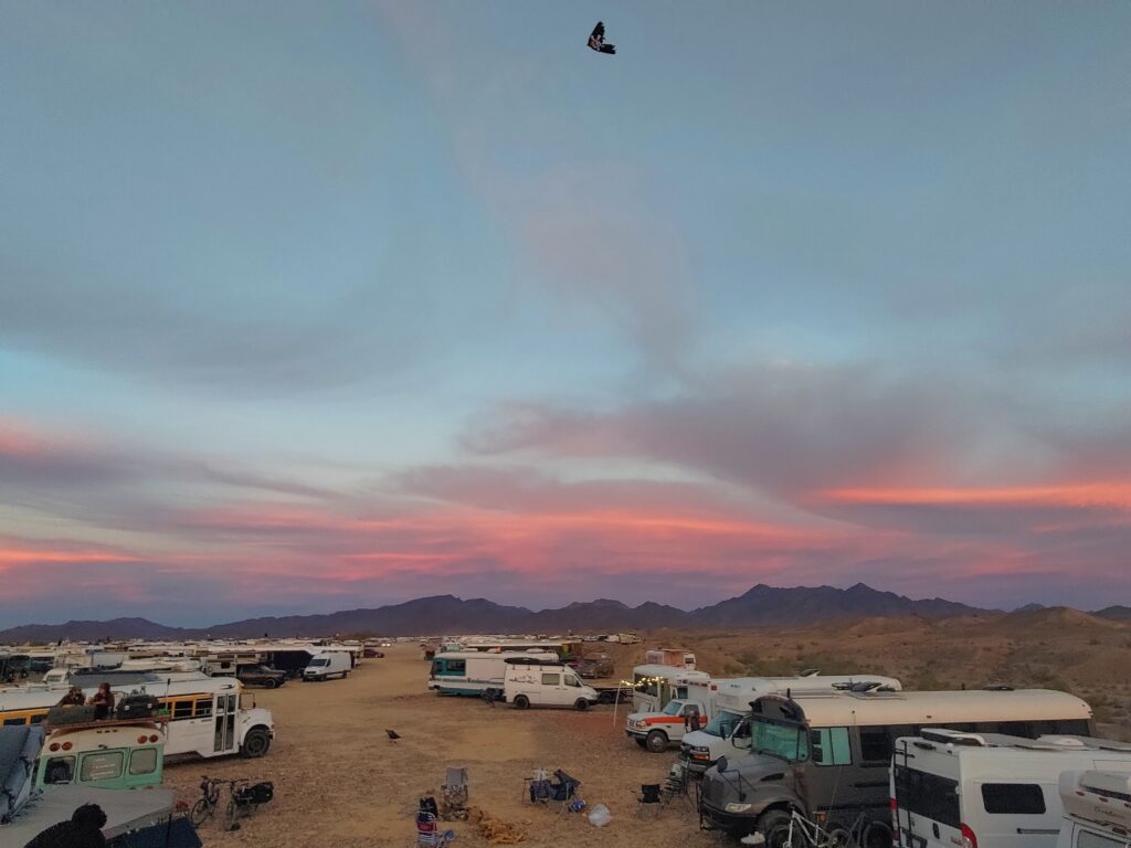 Sunset over a group of boondockers in quartzsite