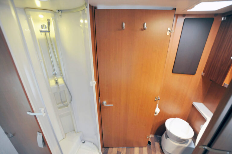 An RV shower and toilet