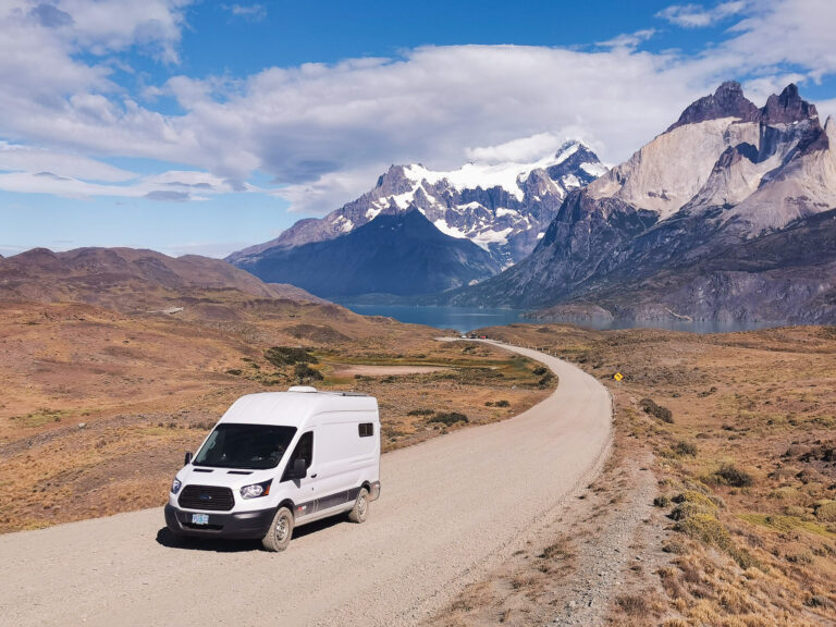 van off road with mountains